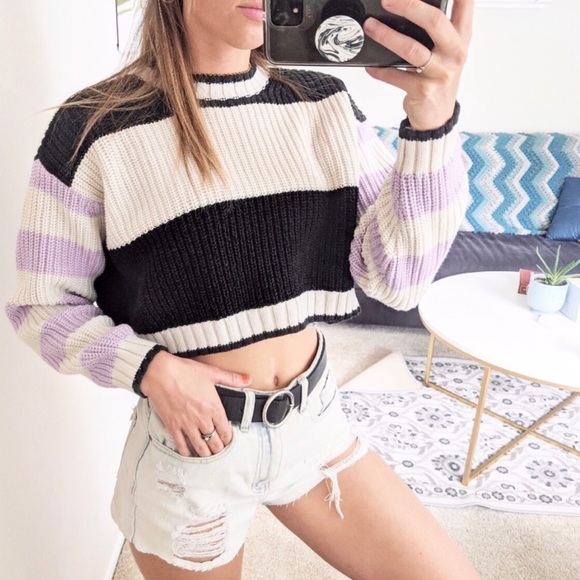 AMERICAN EAGLE mixed stripe boxy crop sweater - Picture 1 of 10